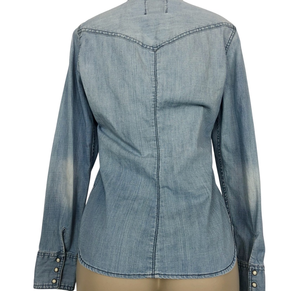 American Eagle Light Wash Denim Pearl Snap Shirt Size 8 Western Cowgirl Rodeo - Picture 6 of 14
